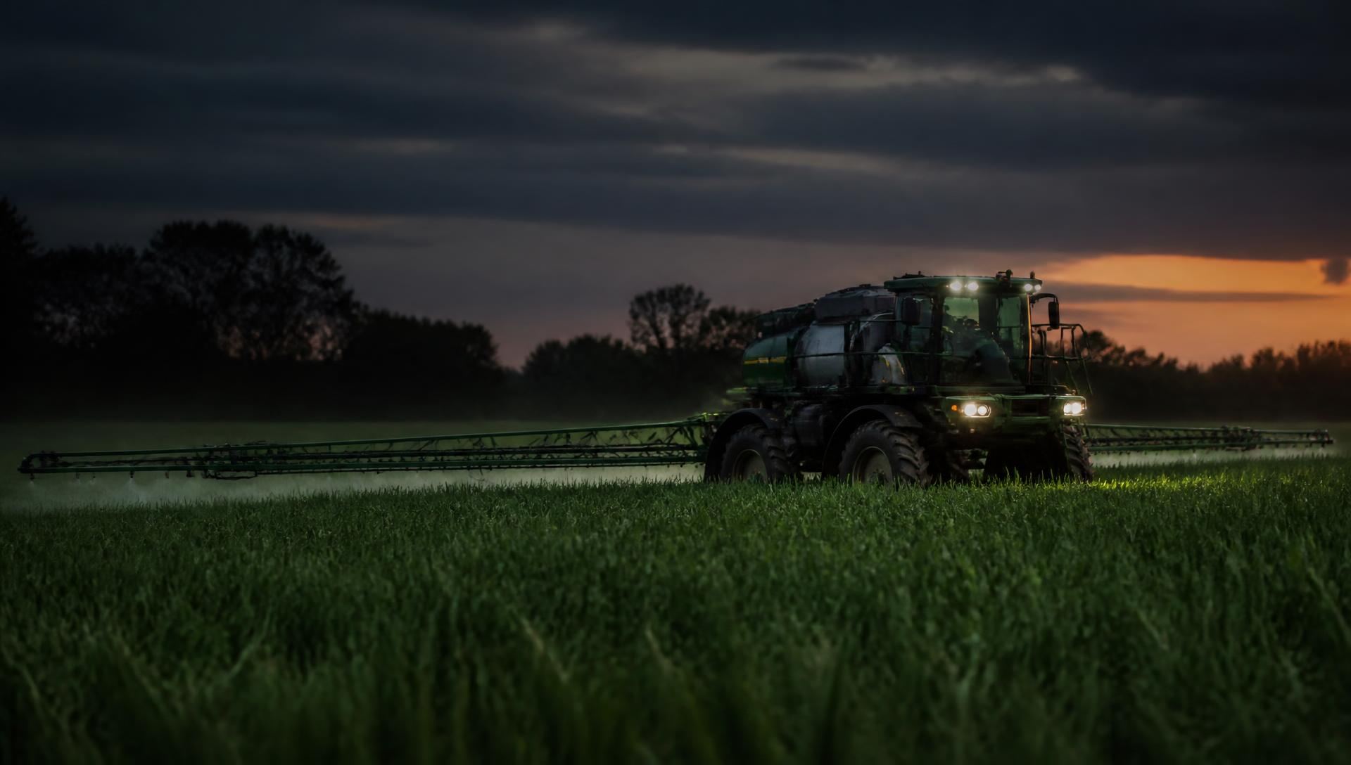 Pulverizador agrícola operando em lavoura ao entardecer