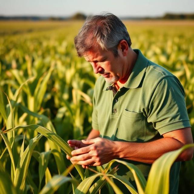 Agrônomo inspecionando folhas de milho a campo