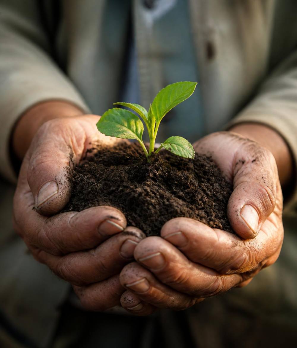 Mãos de produtor segurando solo fértil com muda de planta